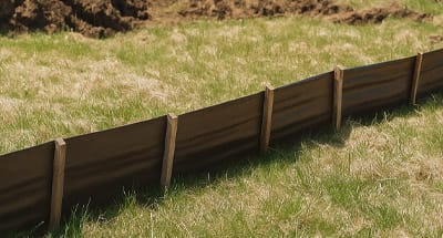Installed silt fence for erosion control on grass construction site