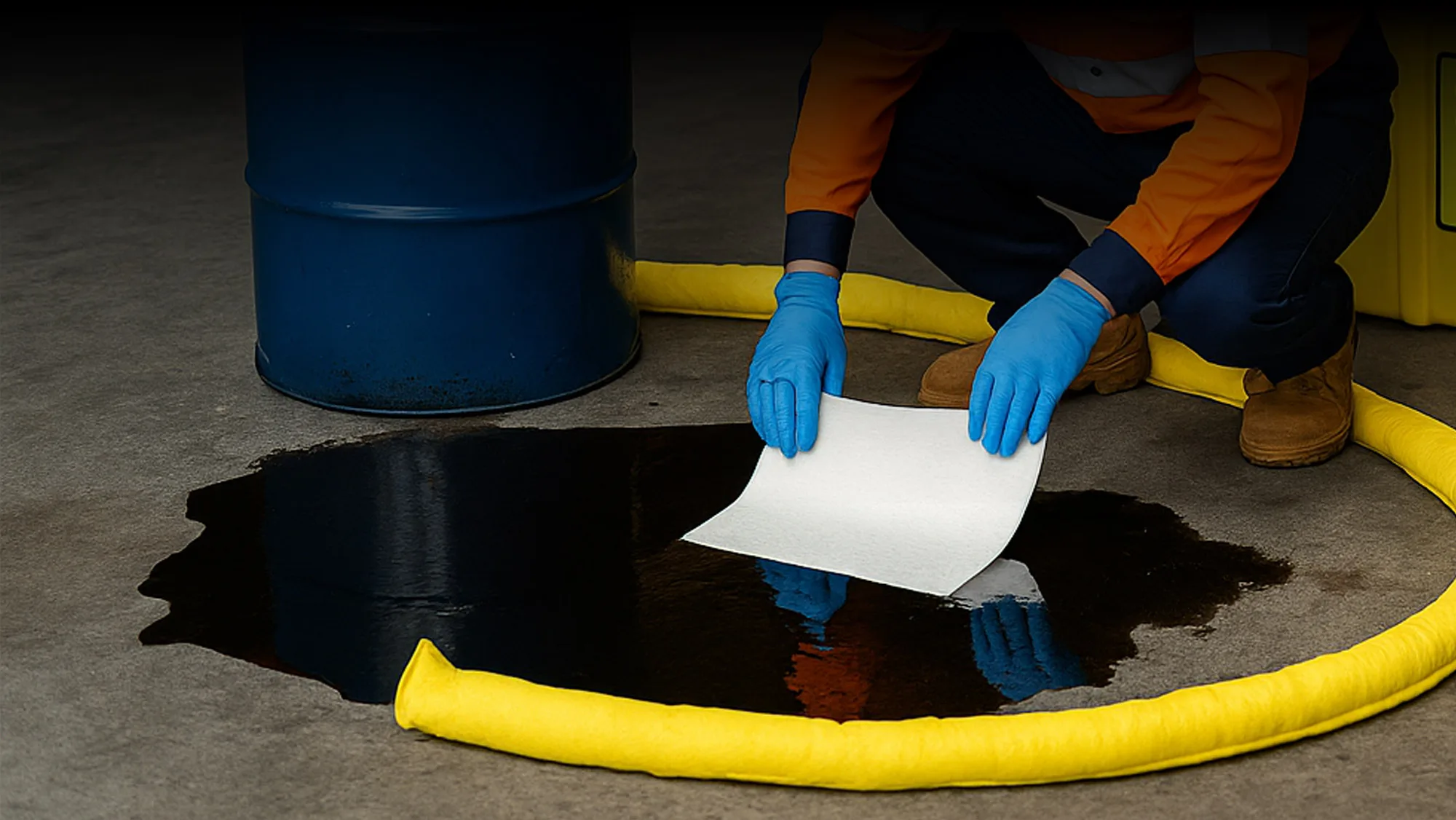 Spill response using an absorbent pad and containment sock
