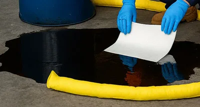 Oil spill response using absorbent pad and spill sock from industrial spill kit Worker cleaning oil spill with absorbent pad and yellow spill sock from spill kit