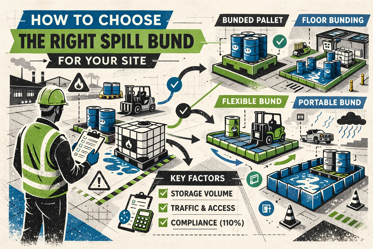 Spill bunding solutions including bunded pallets, rubber floor bunding, flexible bunds and portable spill containment used in industrial facilities