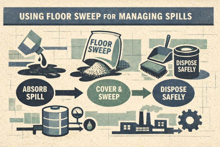 Industrial floor sweep absorbent used to clean up a liquid spill on a hard surface