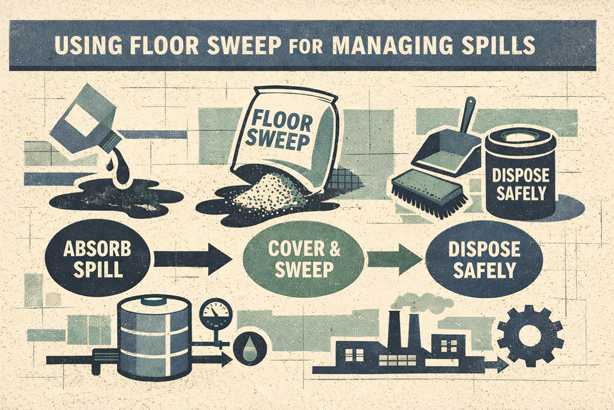 Industrial floor sweep absorbent used to clean up a liquid spill on a hard surface