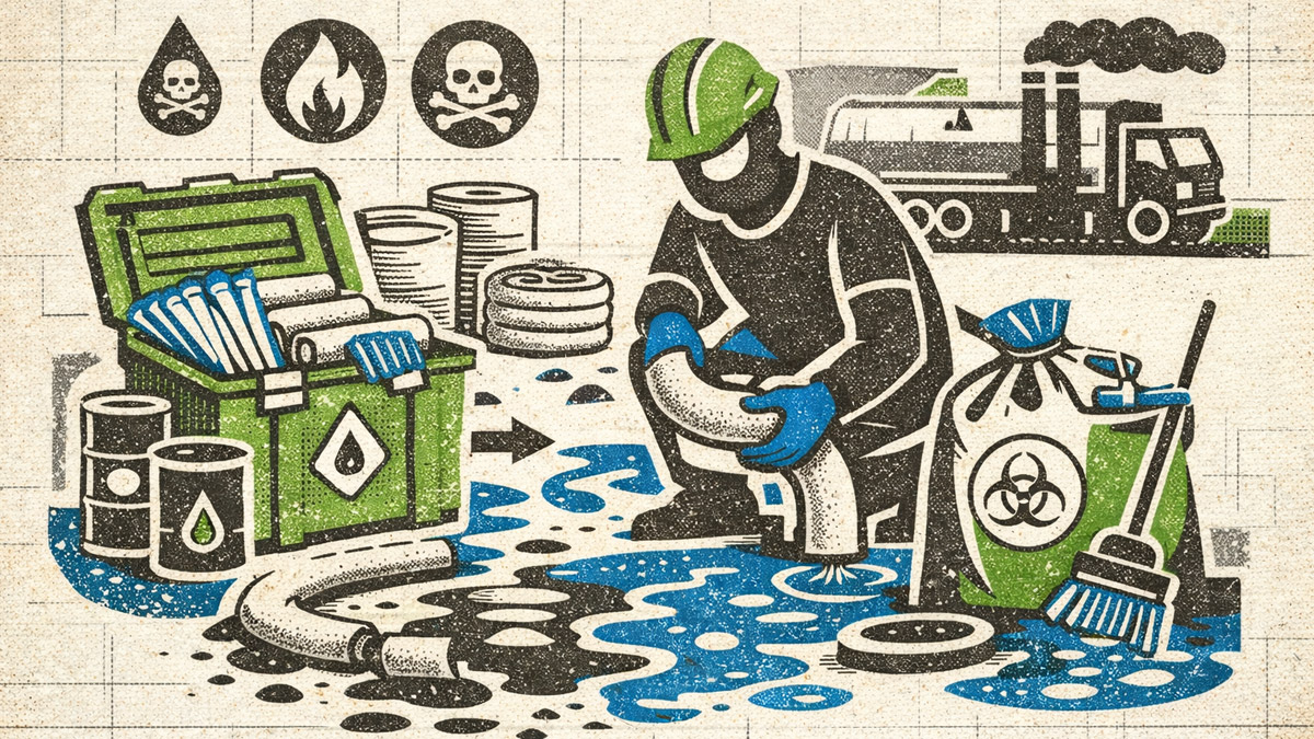 Worker responding to an industrial liquid spill using a spill kit, absorbent socks, and PPE safety gear