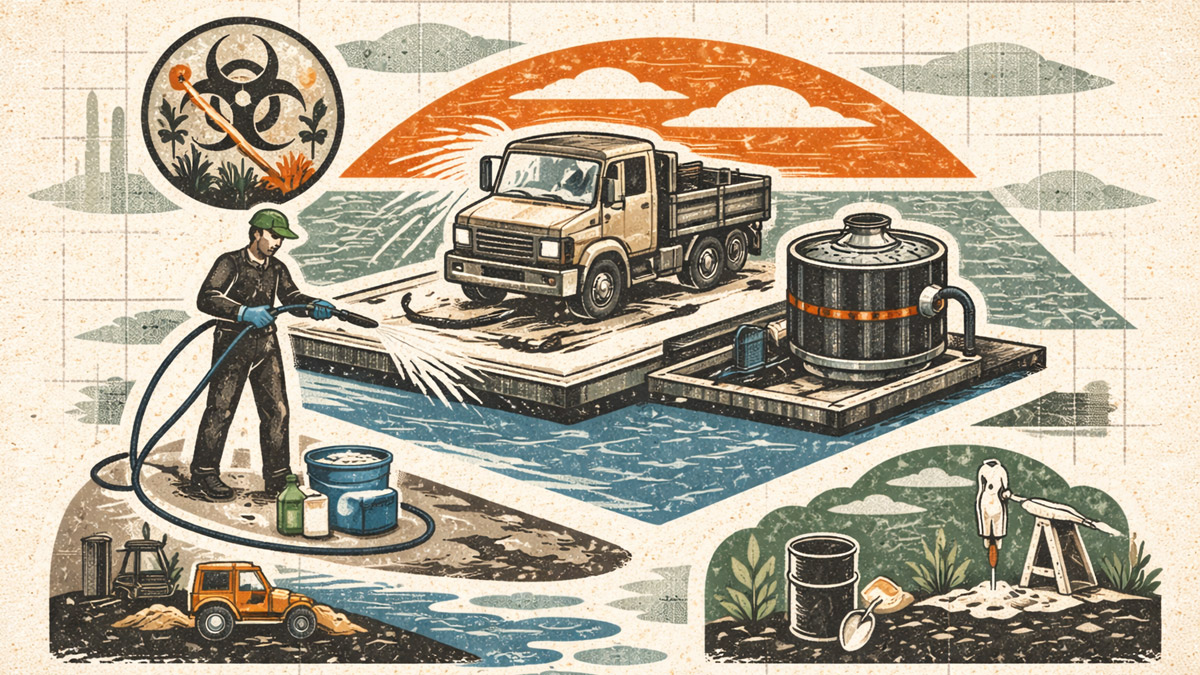 Illustration of a worker pressure washing a truck in a compliant vehicle wash bay with an integrated wastewater treatment system, designed to meet Australian biosecurity and EPA compliance standards by preventing chemical and weed runoff