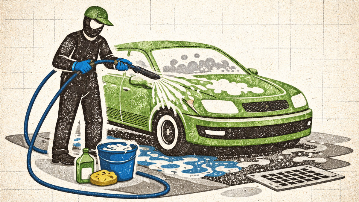 Illustration of a worker washing a car with soapy wastewater runoff flowing directly into a stormwater drain, depicting the risk of environmental pollution.