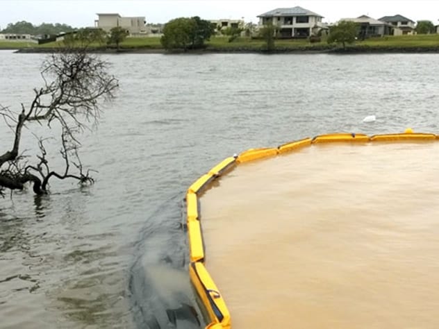 Floating silt curtain deployed for sediment control in a marine environment