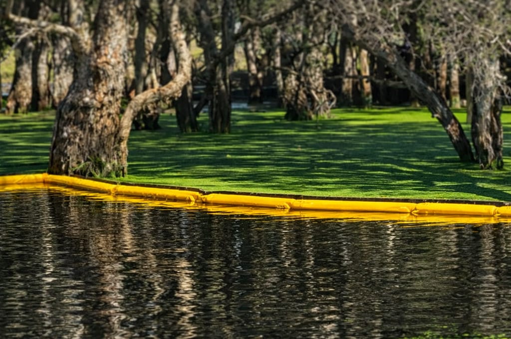 Floating weed and debris boom containing aquatic vegetation in a lagoon