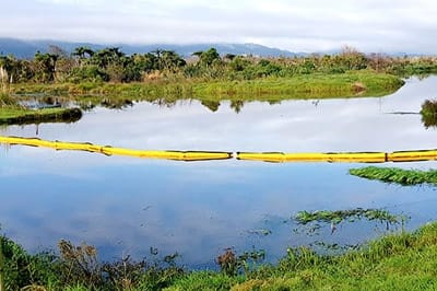 Floating weed and debris boom installed across a pond waterway