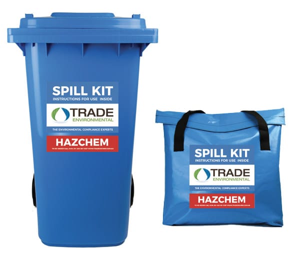 Hazchem chemical spill kit in blue wheelie bin and portable bag for hazardous liquid spills