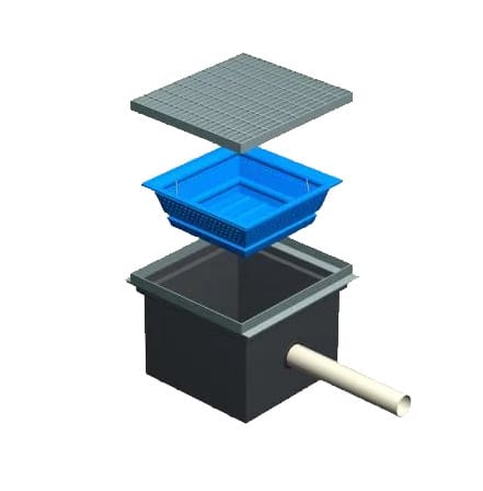 Exploded view of a silt pit showing grate, internal sediment basket and outlet pipe