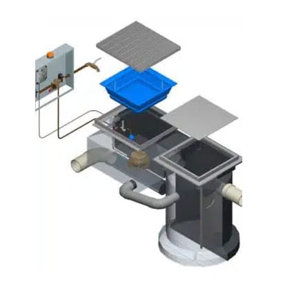 Diagram of SCS600 spill control diversion system showing pit, silt basket, diversion valve, sensor and control box
