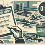 Inspector reviewing bunding area with damaged containment edge, spill staining, and nearby drain in warehouse