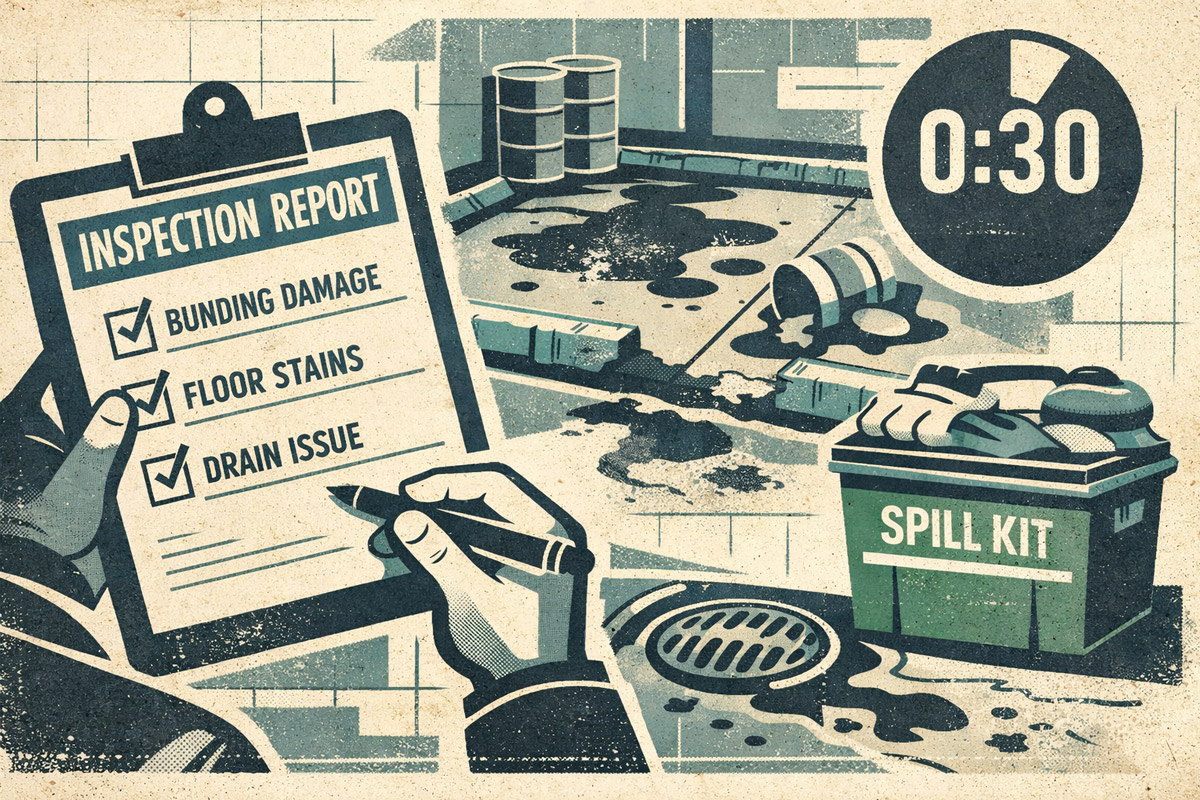 Inspector reviewing bunding area with damaged containment edge, spill staining, and nearby drain in warehouse