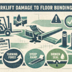 Forklift turning across floor bunding causing edge lifting and seal failure in a warehouse traffic area