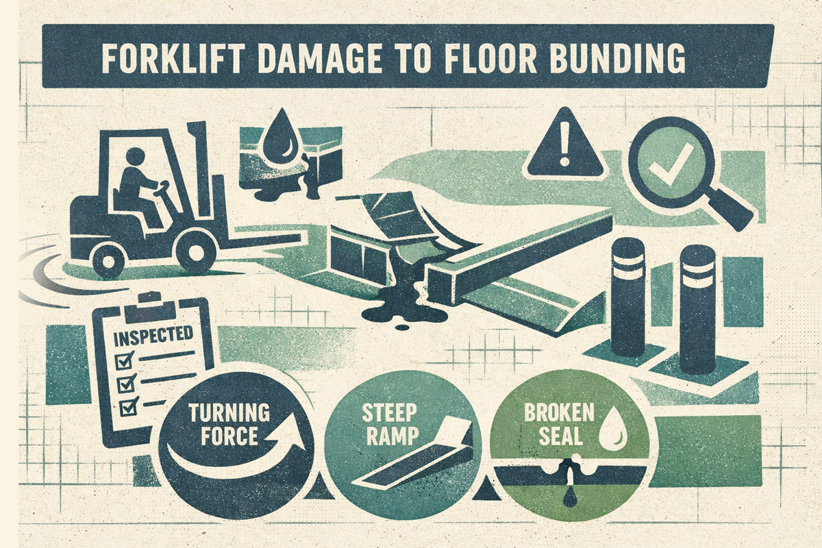 Forklift turning across floor bunding causing edge lifting and seal failure in a warehouse traffic area