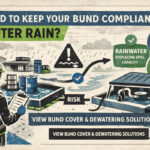 Rainwater filling an outdoor spill containment bund showing reduced containment capacity and solutions like bund covers and dewatering systems