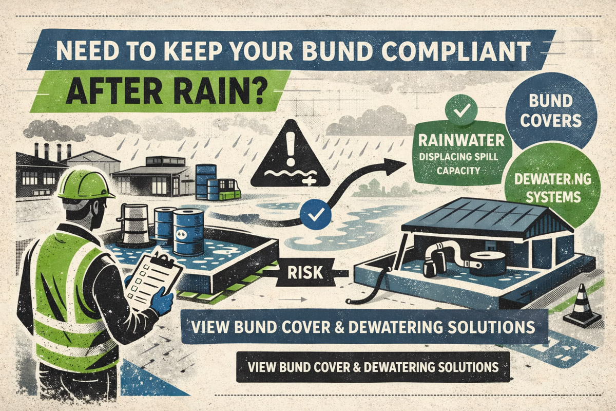 Rainwater filling an outdoor spill containment bund showing reduced containment capacity and solutions like bund covers and dewatering systems