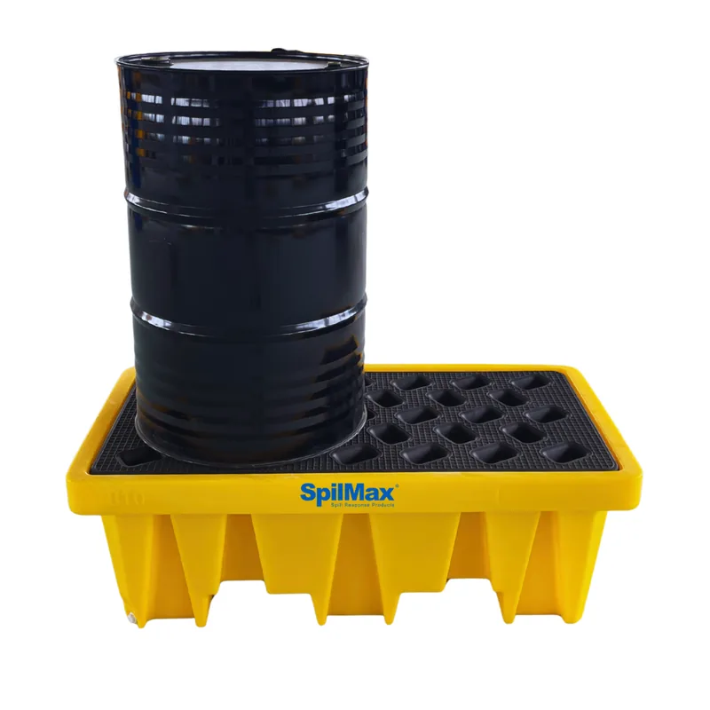 2 drum spill pallet shown with a steel drum