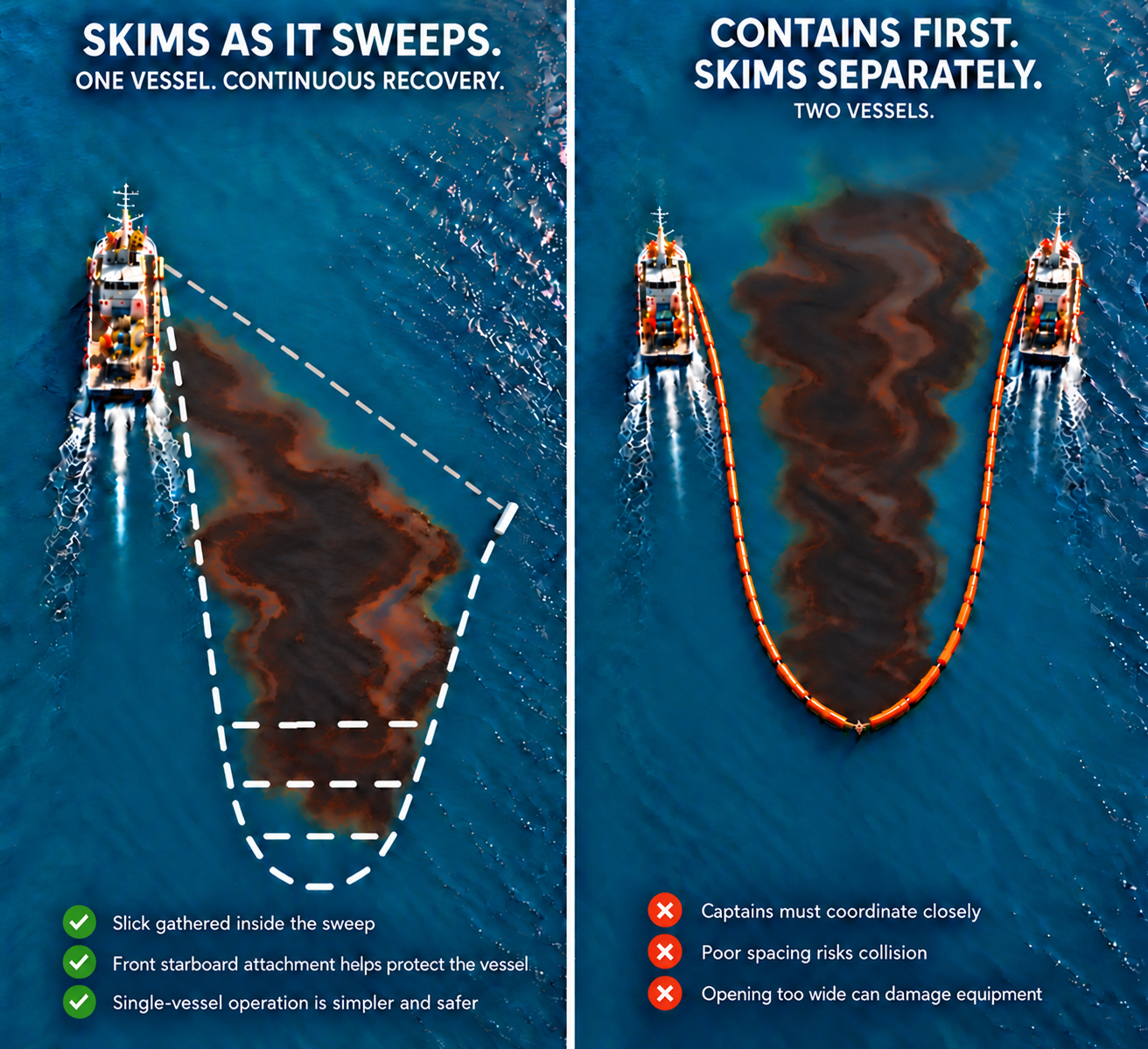 Side-by-side comparison: Speed-Sweep uses one vessel with the slick contained inside the sweep and skimmed while advancing; conventional operation uses two vessels and skims separately. The Speed-Sweep boom attaches at the vessel’s front starboard side.